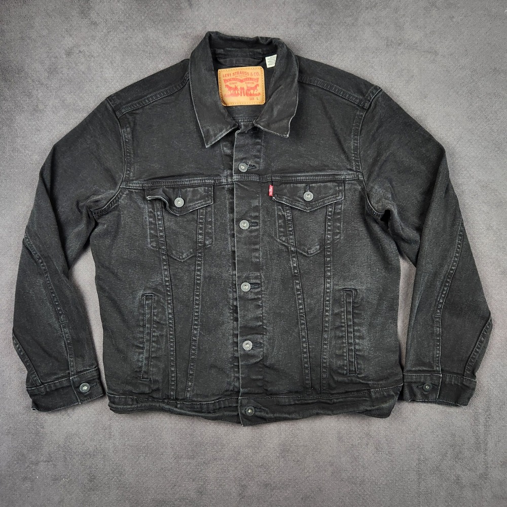 Levis Trucker Jacket Mens Large Faded Black Stretch Denim Button Front Unlined